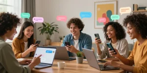 Engaging scene of young adults enjoying ai sex chat through smartphones in a modern urban setting.