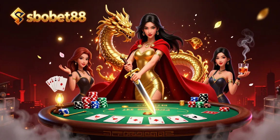 Bet on sbobet88 with a warrior queen and dragon in a vibrant casino scene.