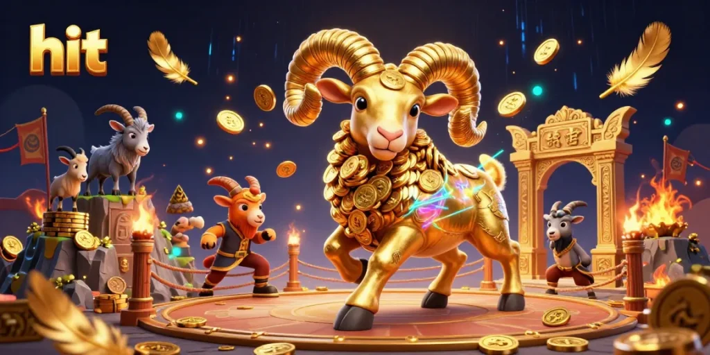 Hit the jackpot with a dynamic casino scene featuring a golden ram charging through an ornate gateway.