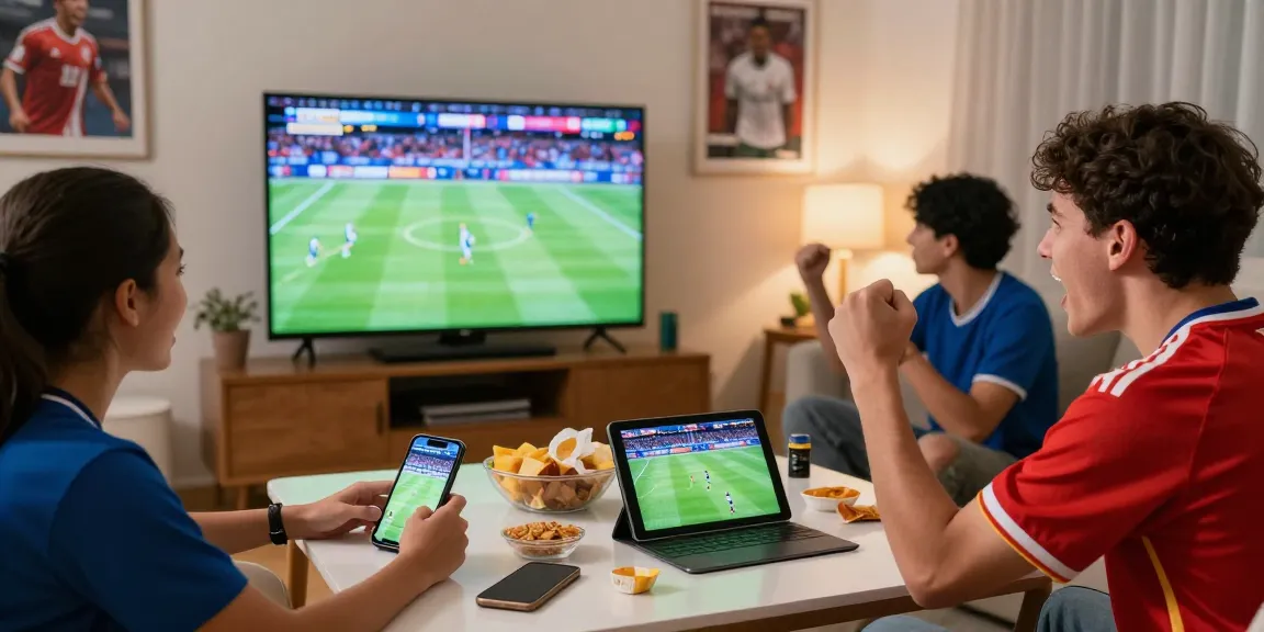 Exciting live sports streaming scene showcasing fans enjoying football matches, emphasizing the source المصدر of entertainment.