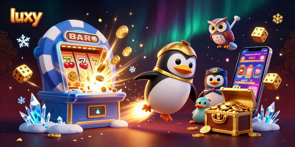 Experience the excitement of luxy casino games with a charming penguin in a vibrant, dynamic illustration.