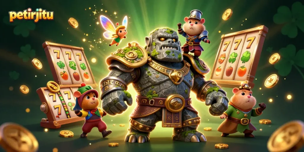 spinkan slot di petirjitu dengan karakter golem, peri magis, dan ksatria hamster