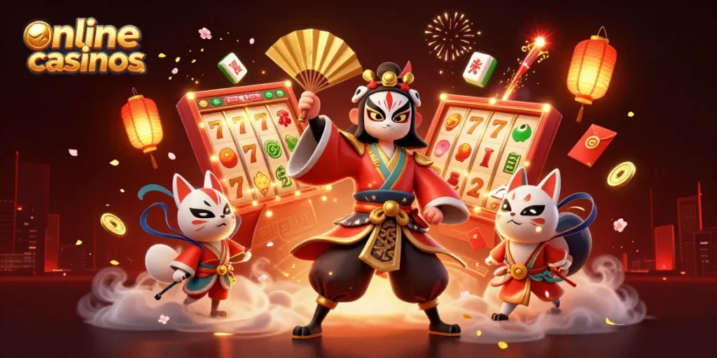 Engage with vibrant online casinos through this ultra-detailed 3D illustration of a kabuki warrior and game elements.